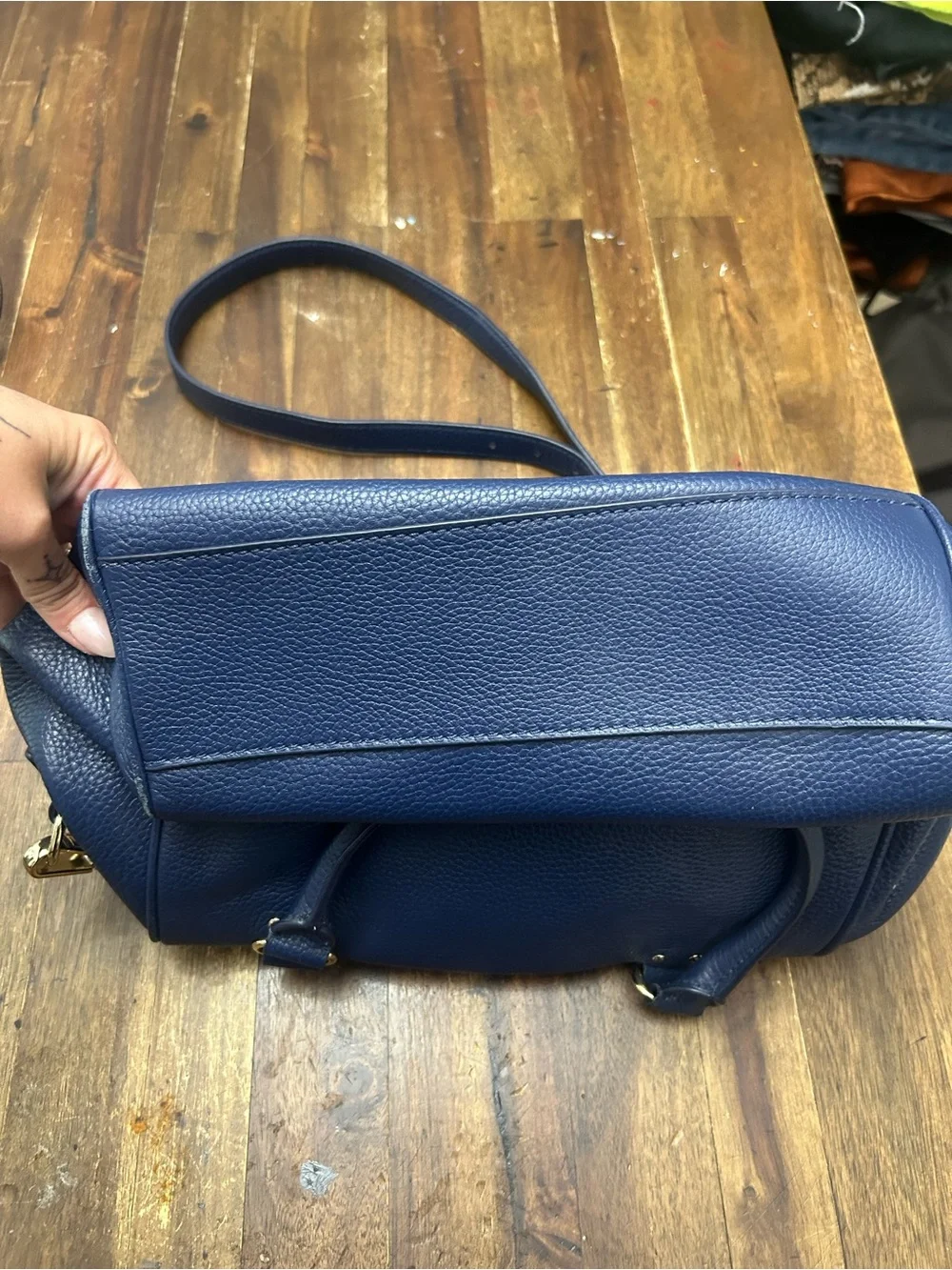kate spade navy pebbled leather satchel with gold hardware
